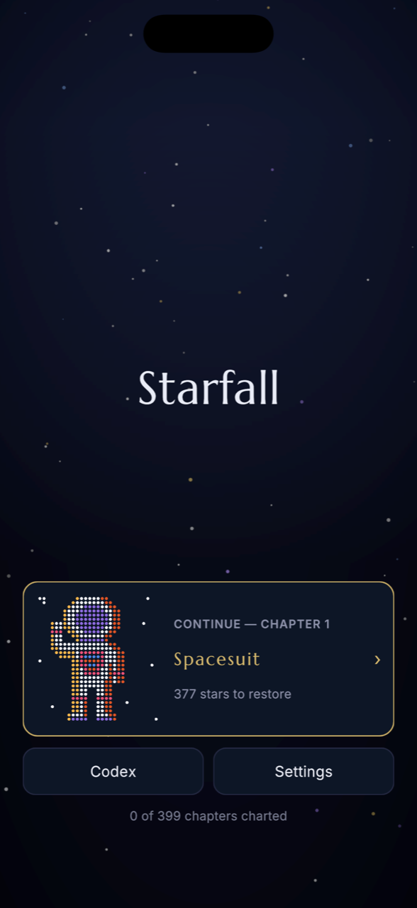 Starfall home screen showing Chapter 1, Spacesuit, 377 stars to restore