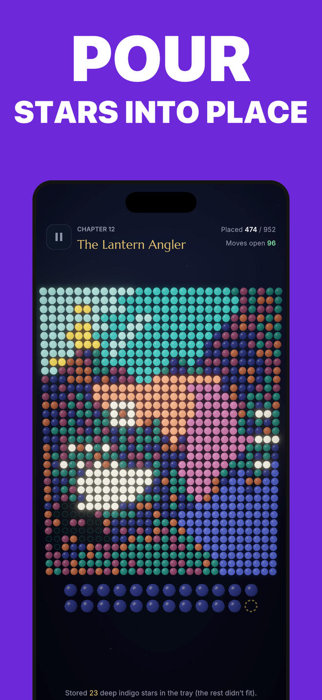 The Lantern Angler mid-solve, 474 of 952 stars placed, indigo stars stored in the tray