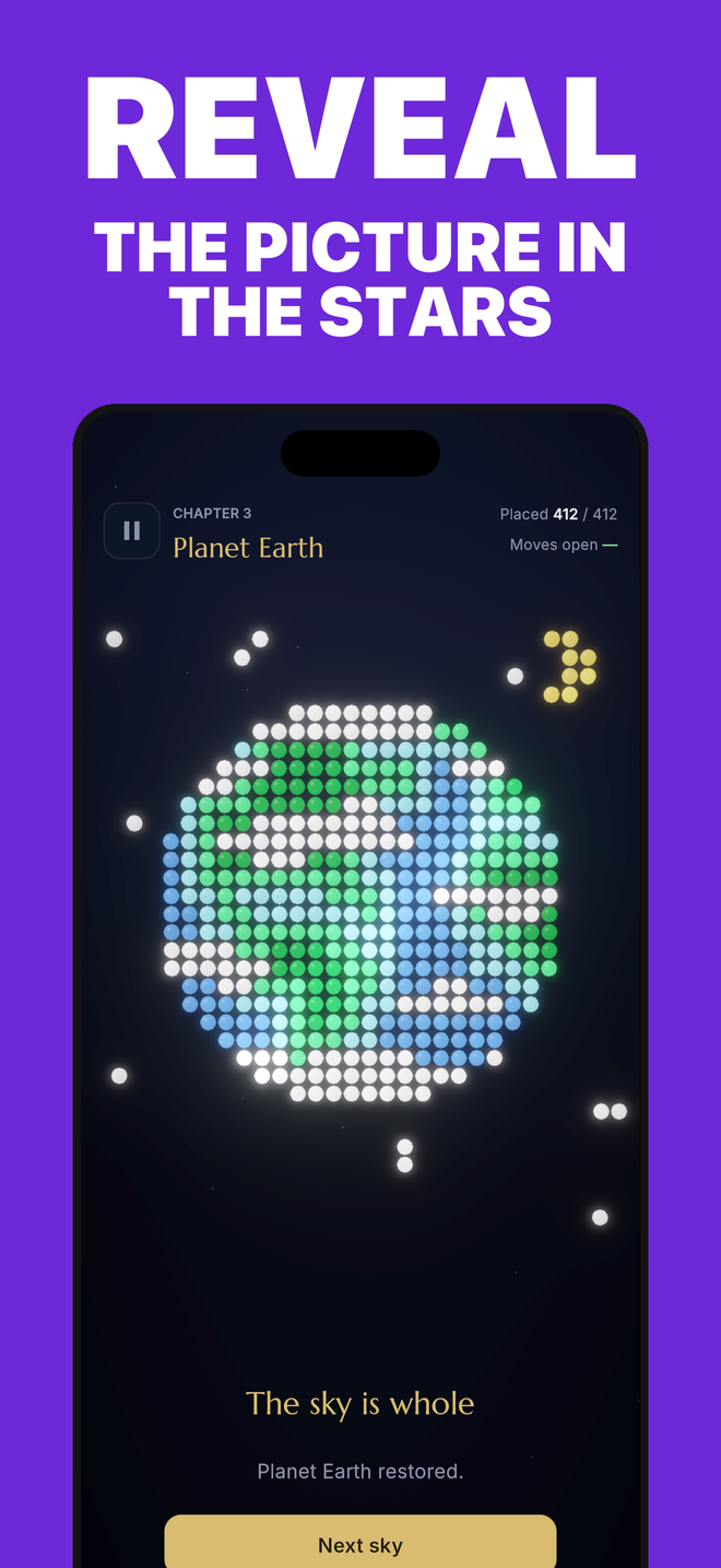 Planet Earth restored, 412 of 412 stars placed, the sky is whole