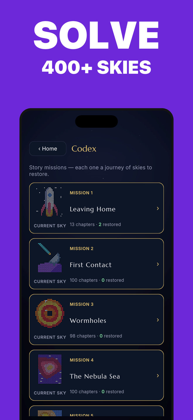 The codex listing story missions — Leaving Home, First Contact, Wormholes, The Nebula Sea