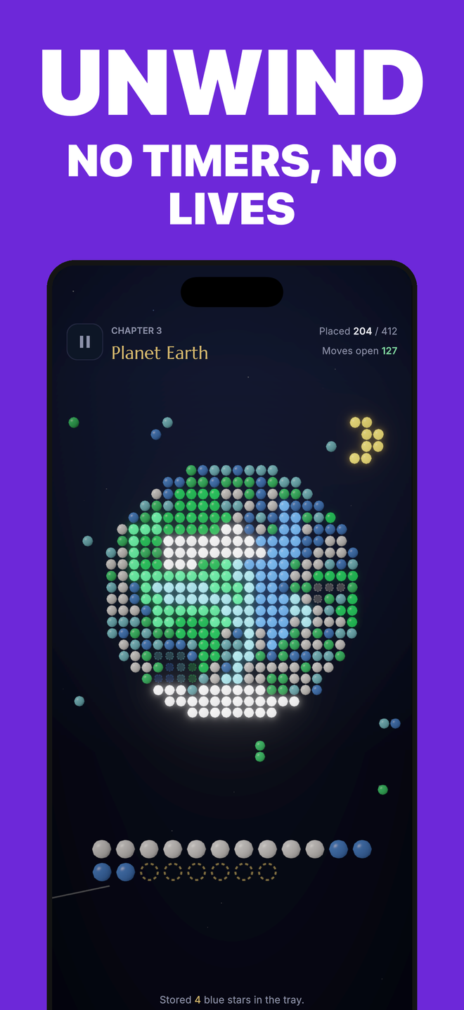 Planet Earth half restored, 204 of 412 stars placed, blue stars in the tray