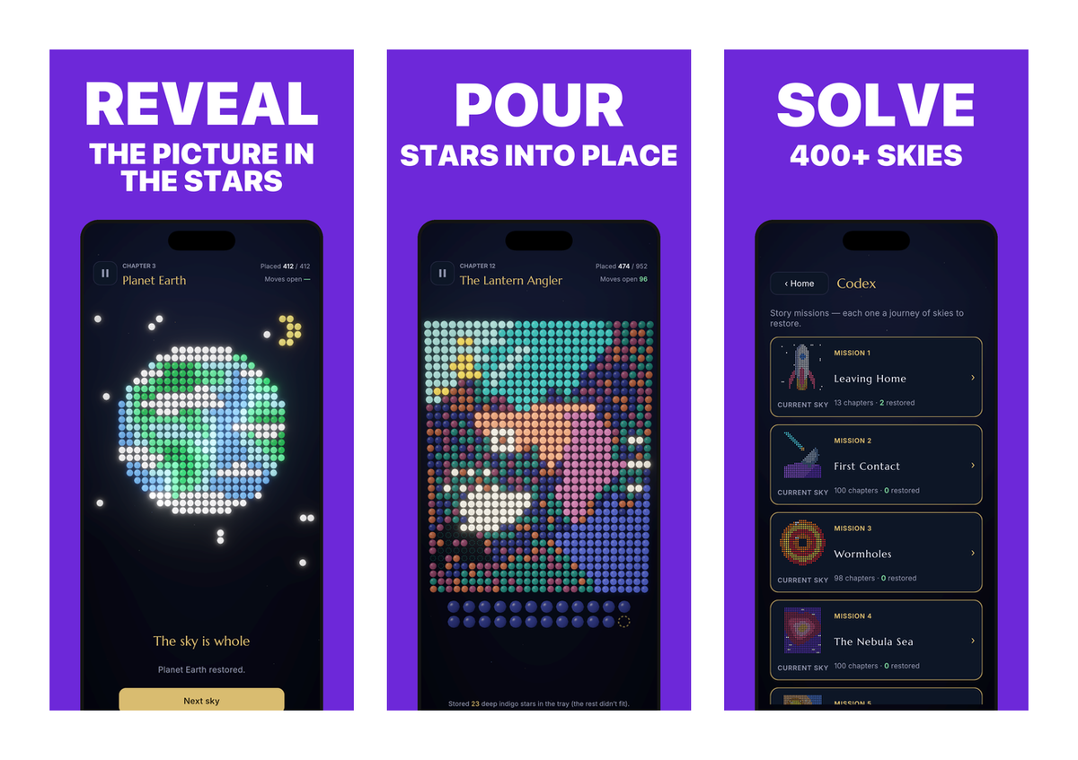 Three Starfall screens — Planet Earth restored, the Lantern Angler mid-pour, and the mission codex